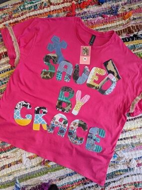 Bright Pink 'Saved By Grace' Patchwork Graphic Women's Top
